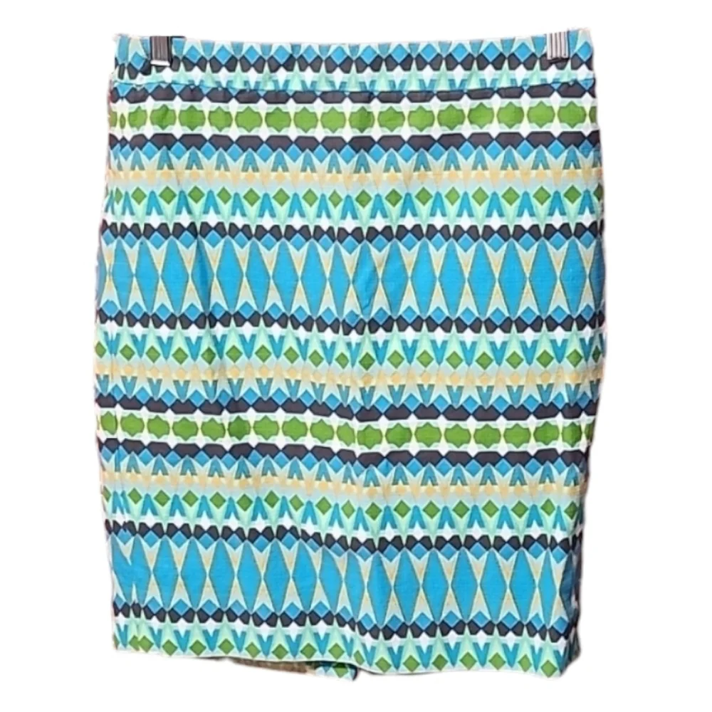 J CREW The Pencil Skirt 6 Midi Blue Geometric Batik Geometric Abstract Art Vibe